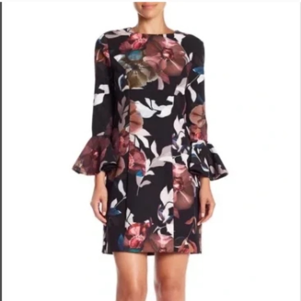 Trina Turk 'Faye' Black Floral Bell Sleeve Dress - size 0 Extra Small